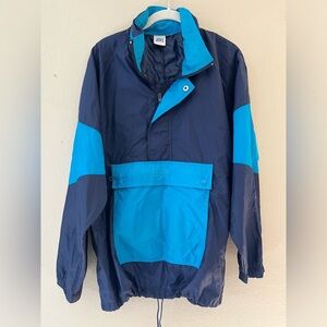 Vintage ASICS Windbreaker Unisex L/XL Blue 1/2 Zip Packable Hood 80s/90s